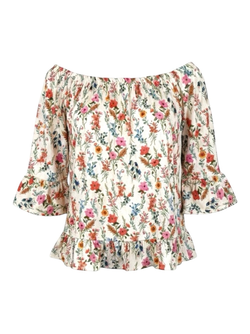 INC Wild Flower Floral Off Shoulder Ruffle Boho Cottagecore Top Size Large